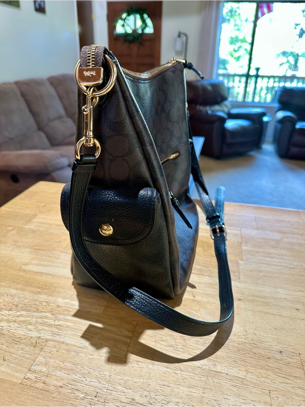 Coach Brown & Black Signature Leather Crossbody with Gold Hardware - Picture 3 of 6